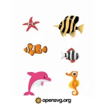 Aquatic Animal Collection, Goldfish, Dolphin, Seahorse, Starfish Svg vector