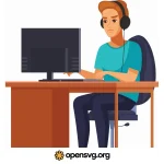 Boy With Headphone Working On A Computer Svg vector