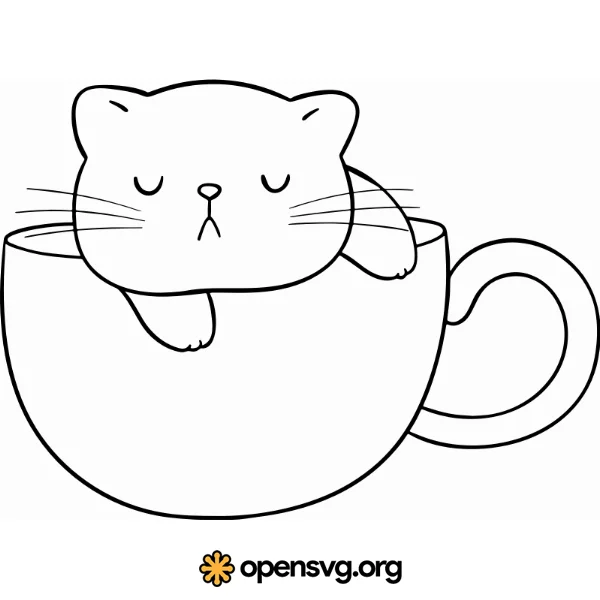 Cute Cat In A Cup, Outlined Cartoon Animal