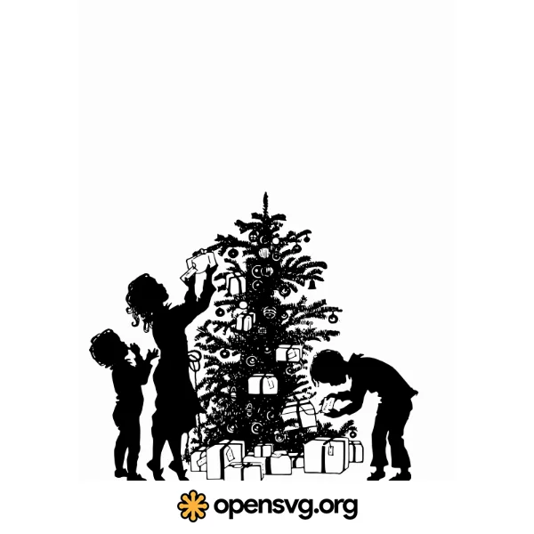 Silhouette Christmas Tree With Kid And Gift