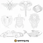 Outlined Animal And Car, Fly, Elephant, Turtle, Lion, Fish Svg vector