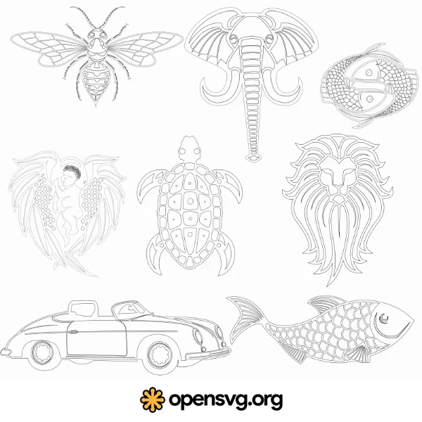 Outlined Animal And Car, Fly, Elephant, Turtle, Lion, Fish