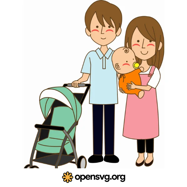 Happy Family With Baby And Stroller, Cartoon Family Character