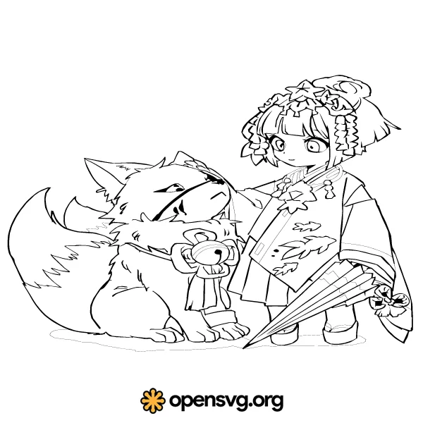 Anime Geisha Character And Wolf