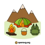 Camping Icon With Tent, Mountain, Fire Svg vector