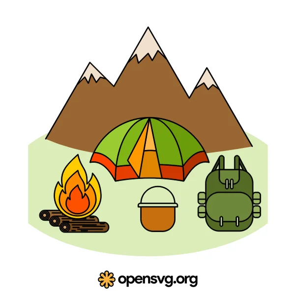 Camping Icon With Tent, Mountain, Fire