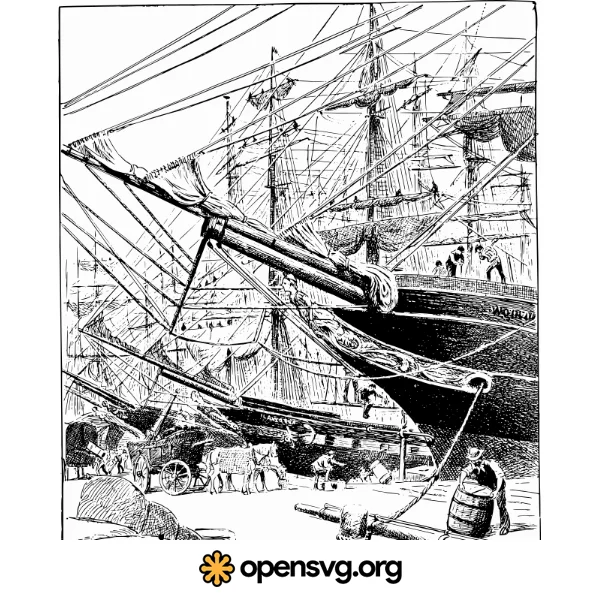 Vintage Ship Dock, Comic Illustration, Sailing Ship
