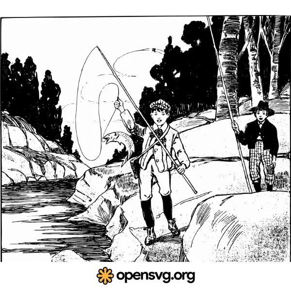 Boy Fishing On River Illustration