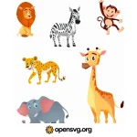 Zoo Animal Set, Lion, Zebra, Giraffe, Elephant, Leopard, Monkey Svg vector
